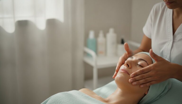 esteticista haciendo una limpieza facial a una clienta tumbada en una cabina de centro de estética moderno en Barcelona,