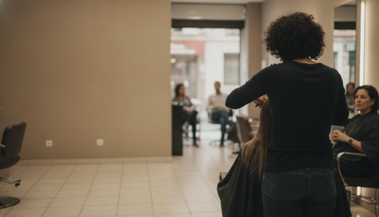 peluquera cortando el pelo de una clienta vista de espaldas en una peluquería de barrio en Madrid, España, vista desde l