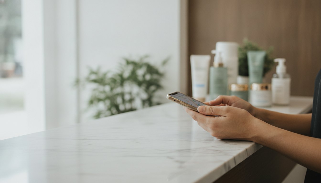 Mãos de uma esteticista a segurar o telemóvel com o mapa do Google no balcão da receção da clínica