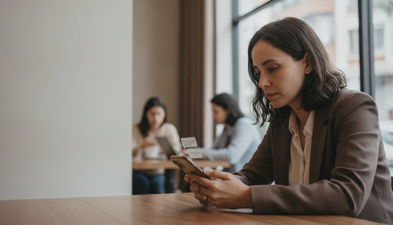 Mulher usando o assistente de inteligência artificial do celular para encontrar um serviço de beleza
