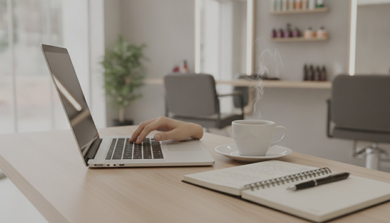 Profissional de beleza escrevendo um artigo no notebook, com café e caderno na mesa