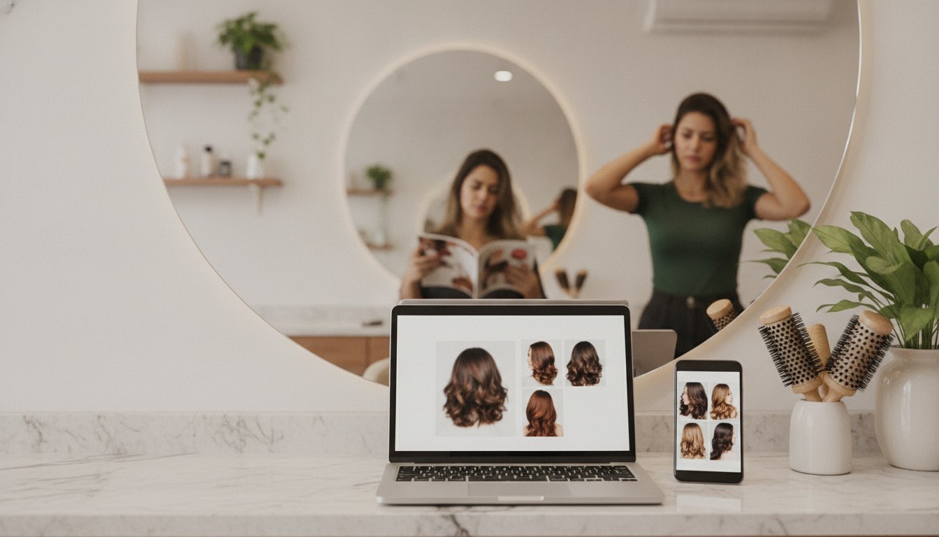 Notebook e celular com o site de um salão de beleza sobre a bancada do salão