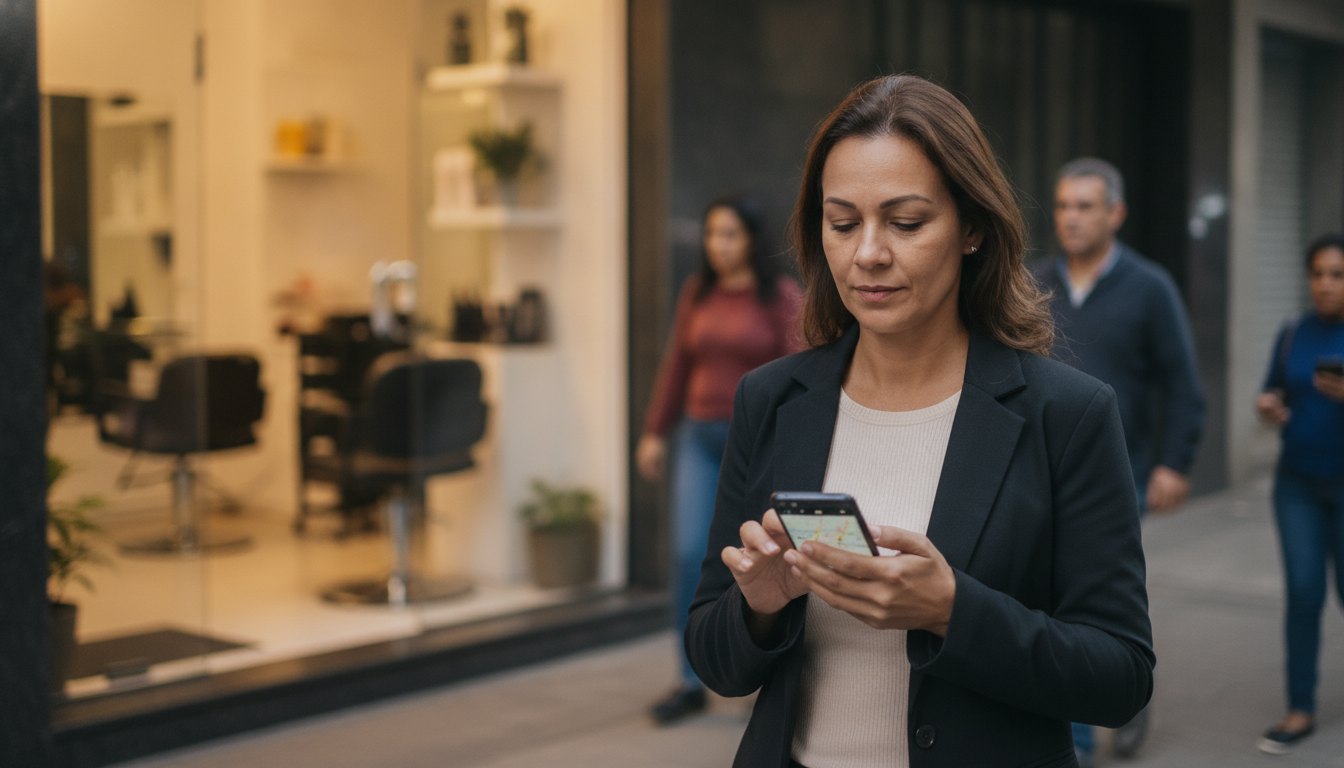 Cliente na calçada em frente a um salão de beleza, procurando o salão no mapa do celular