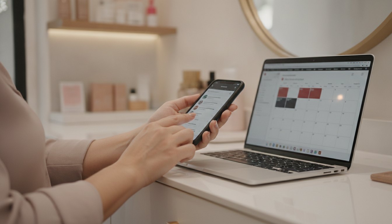 Mãos de uma dona de salão programando postagens no celular, com o calendário no notebook ao lado