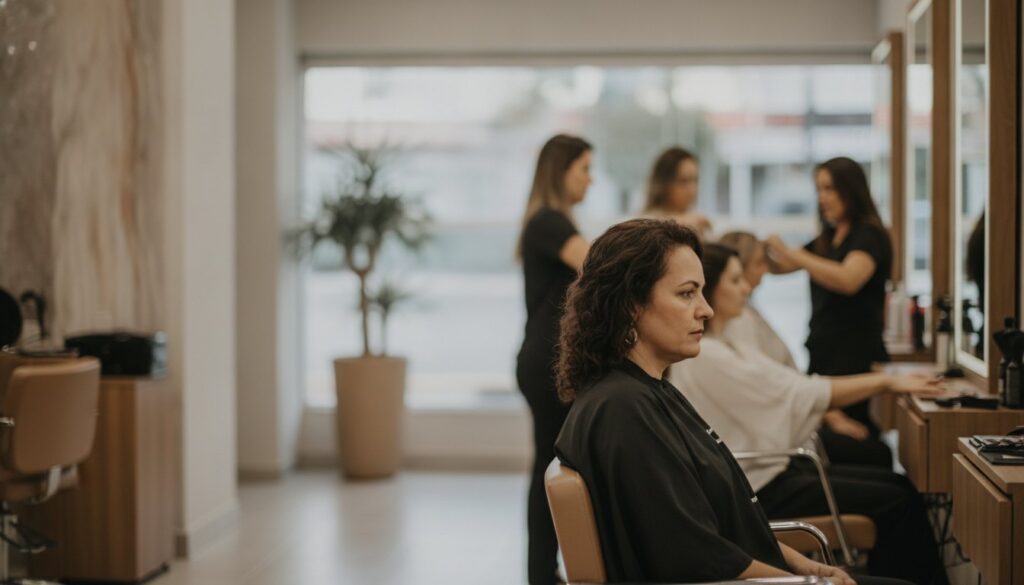 Salão de beleza movimentado com várias clientes sendo atendidas numa tarde de promoção