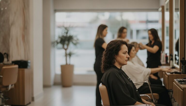 Salão de beleza movimentado com várias clientes sendo atendidas numa tarde de promoção