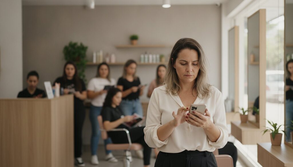 Dona de salão de beleza conferindo no celular o perfil do Google do salão, com clientes na recepção