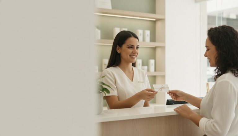 Recepcionista de salão entregando um cartão de presente a uma cliente no balcão