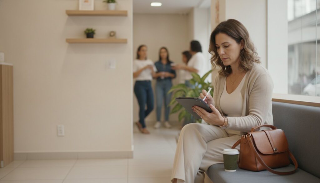 Cliente fazendo o próprio agendamento num tablet na recepção de um salão de beleza