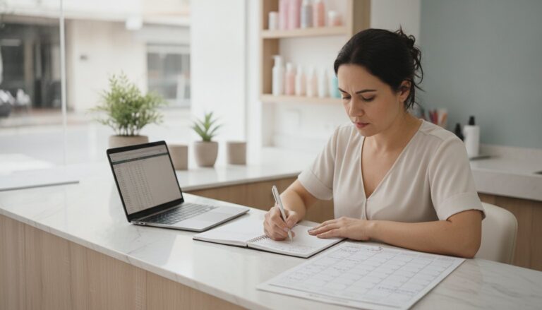Dona de salão planejando o mês de marketing com caderno, calendário e notebook na bancada