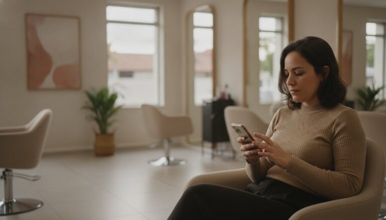 Cabeleireira escrevendo uma mensagem para clientes no celular, no salão no fim do dia