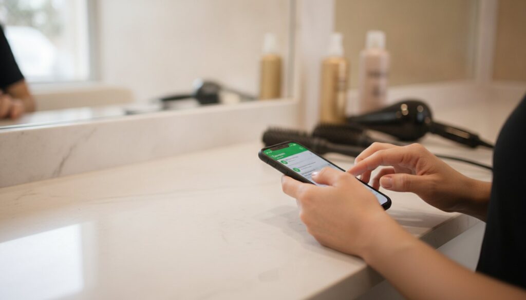 Mãos de uma profissional de beleza digitando no WhatsApp uma mensagem para chamar clientes